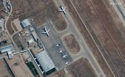 A satellite image shows grounded aircraft at the Mazar-i-Sharif airport in northern Afghanistan. Maxar Technologies via AFP