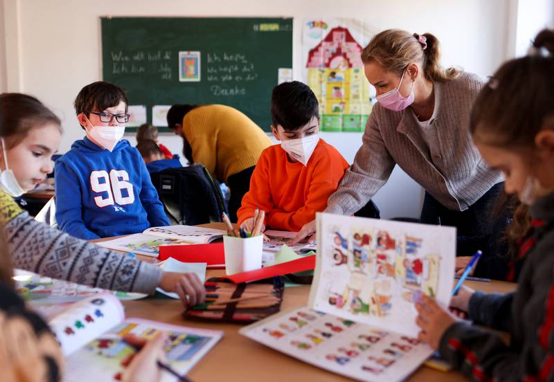 Ukrainian refugee children take part in a class at an elementary school in Dusseldorf, Germany. Reuters