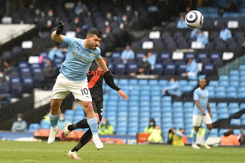 Manchester City's striker Sergio Aguero scores their fifth at the Etihad Stadium. AFP