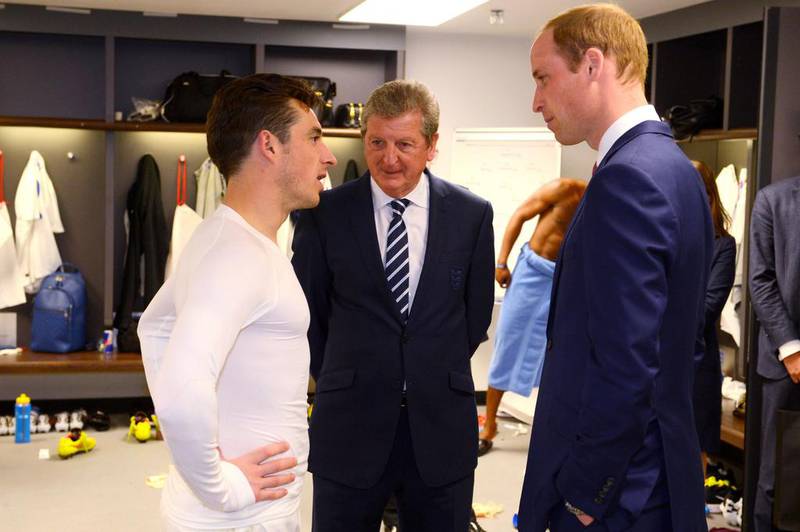 Prince William, Duke of Cambridg, shown speaking with England defender Leighton Baines and manager Roy Hodgson prior to the team's friendly on Friday at Wembley Stadium. Michael Regan / AFP / May 30, 2014