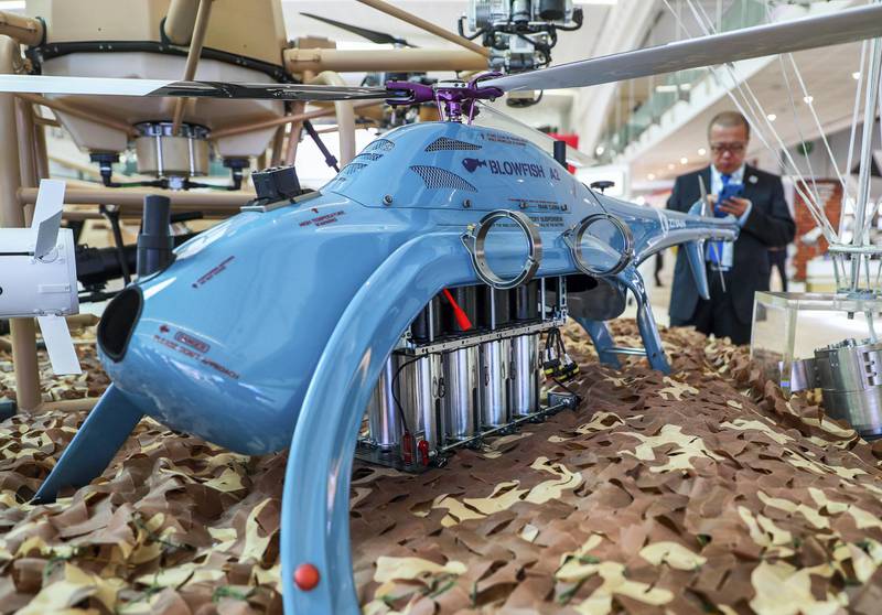 Abu Dhabi, U.A.E., February 17, 2019. INTERNATIONAL DEFENCE EXHIBITION AND CONFERENCE  2019 (IDEX) Day 1--  The Chinese made Blowfish A2, helicopter drone.Victor Besa/The NationalSection:  NAReporter;