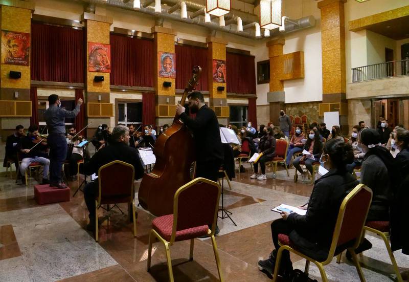 People practise hymns that will be played during the Mass to be held by the pontiff in Erbil, Iraq. Reuters