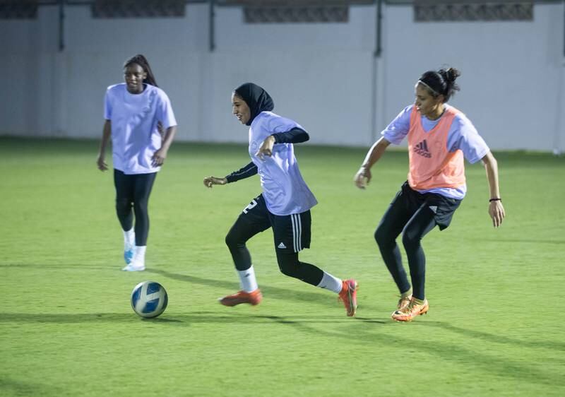 Banaat FC players during a training session at UAE Football Association headquarters in Al Khawaneej, Dubai. Ruel Pableo for The National