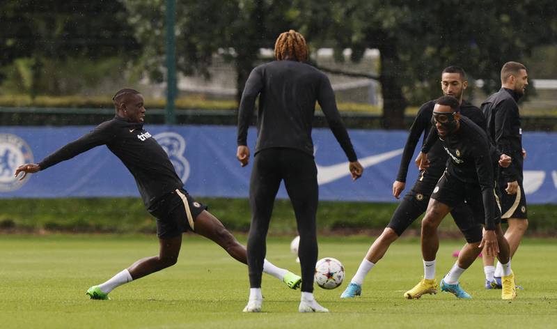 Chelsea's Denis Zakaria and Pierre-Emerick Aubameyang during training. Reuters