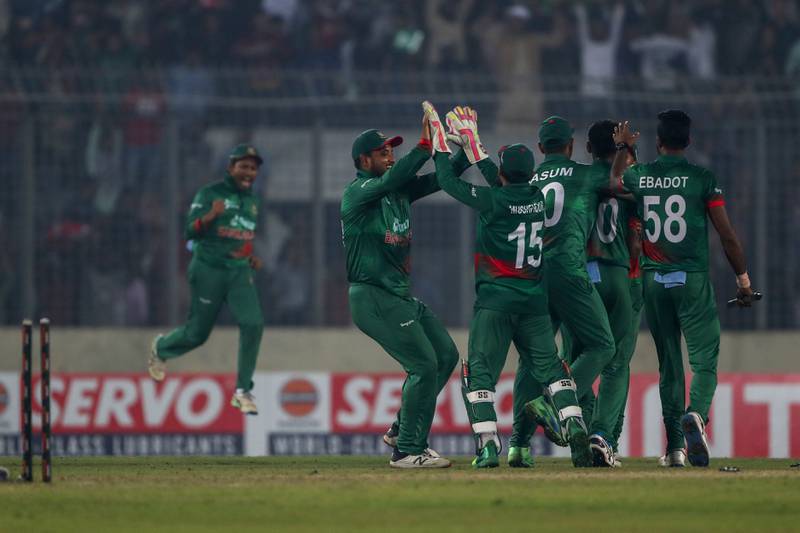 Bangladesh players celebrate after winning. AP