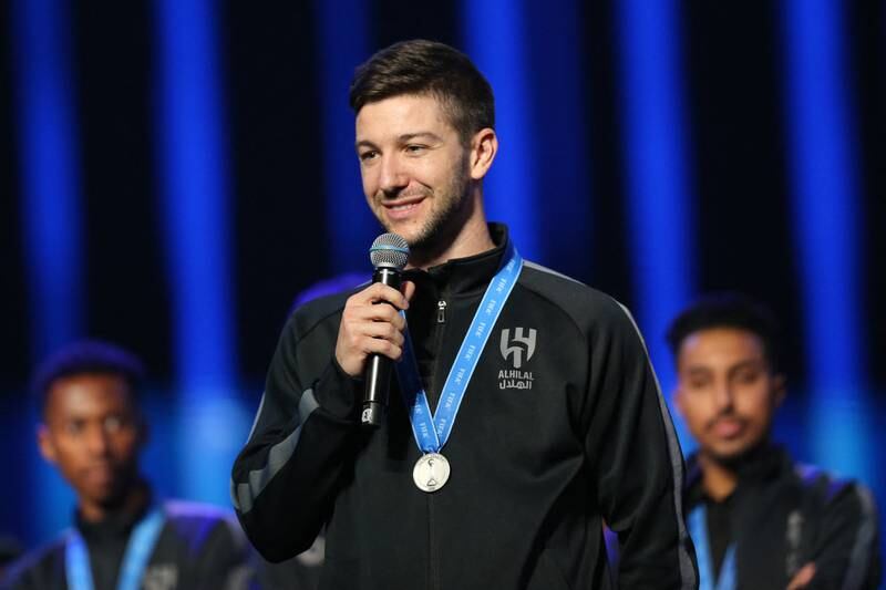 Al Hilal's Luciano Vietto speaks on stage after arriving in Riyadh. Reuters