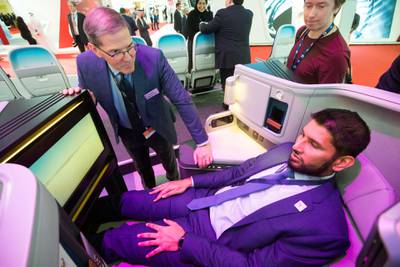 Dubai, United Arab Emirates- Visitors trying the new Boeing seat at the Dubai Airshow 2019 at Maktoum Airport.  Leslie Pableo for the National