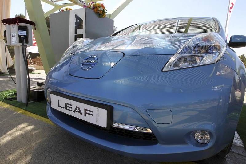 A Nissan Leaf is displayed during the opening of the first solar charging station for electric cars at El Hassan Science City in Amman, Jordan, in 2011. Reuters