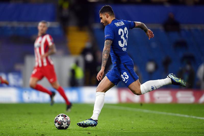 LONDON, ENGLAND - MARCH 17: Emerson Palmieri of Chelsea  scores their team's second goal  during the UEFA Champions League Round of 16 match between Chelsea FC and Atletico Madrid at Stamford Bridge on March 17, 2021 in London, England. Sporting stadiums around the UK remain under strict restrictions due to the Coronavirus Pandemic as Government social distancing laws prohibit fans inside venues resulting in games being played behind closed doors. (Photo by Mike Hewitt/Getty Images)