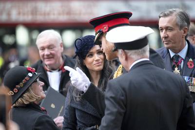 LONDON, ENGLAND - NOVEMBER 07: Prince Harry, Duke of Cambridge and Meghan, Duchess of Sussex meet veterans and soldiers as they attend the 91st Field of Remembrance at Westminster Abbey on November 7, 2019 in London, England. (Photo by Geoff Pugh - WPA Pool/Getty Images)