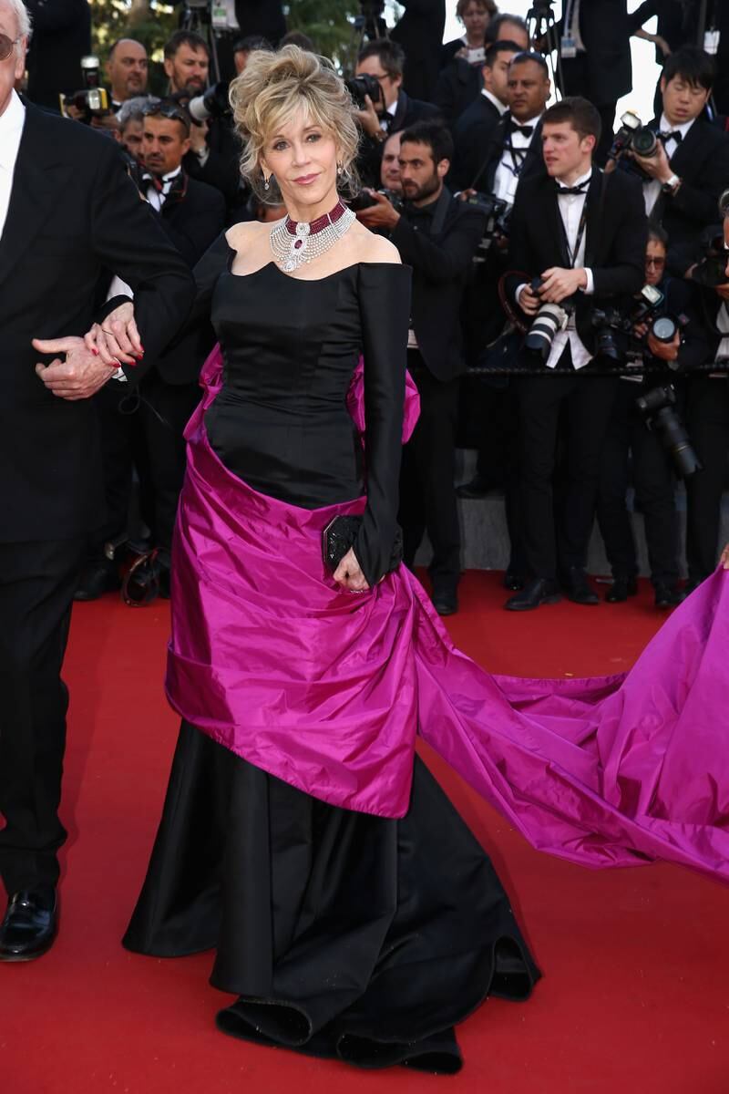 Jane Fonda, in a black and pink gown, attends the 'Youth' premiere during the 68th annual Cannes Film Festival on May 20, 2015