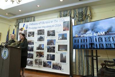Ukraine's ambassador to the US, Oksana Markarova, at a news conference in the embassy of Ukraine, Washington. AP