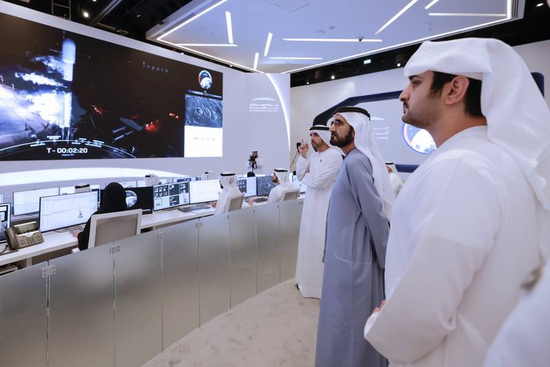 Sheikh Mohammed bin Rashid, Sheikh Hamdan and Sheikh Maktoum watch the Rashid rover launch on December 11. Photo: Dubai Media Office