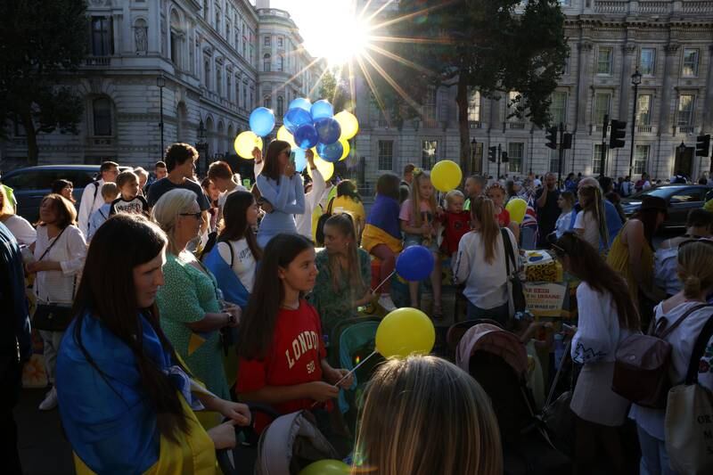 Demonstrators in Whitehall as part of the Ukrainian independence day celebrations in London. Getty Images