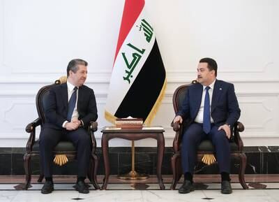 Prime Minister of Iraqi Kurdistan Masrour Barzani, left, and Iraqi Prime Minister Mohammed Shia Al Sudani at a previous meeting in Baghdad. Photo: Iraqi Prime Minister's Office