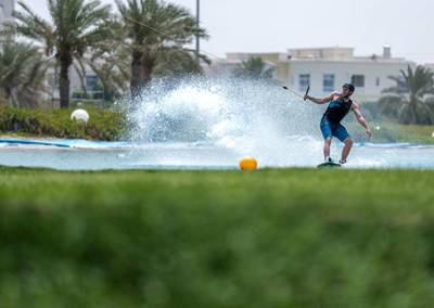 Abu Dhabi, United Arab Emirates, June 21, 2019.  Weather images.  Beating the heat at Al Forsan wakeboarding cable park. --  Rob Dam in action.Victor Besa/The NationalSection:  NAReporter: