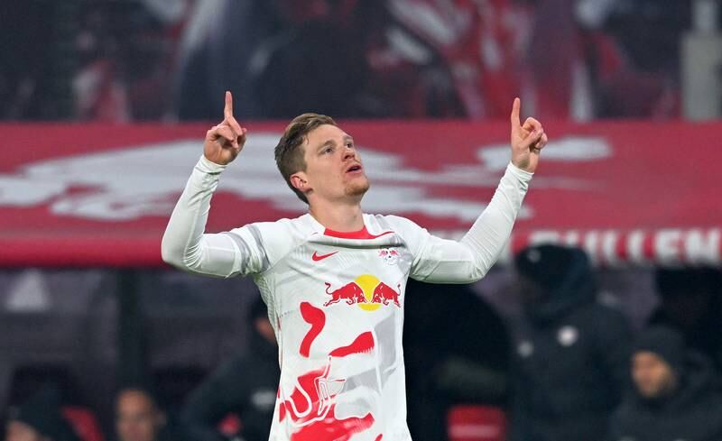 Leipzig's Marcel Halstenberg celebrates scoring on Friday. EPA