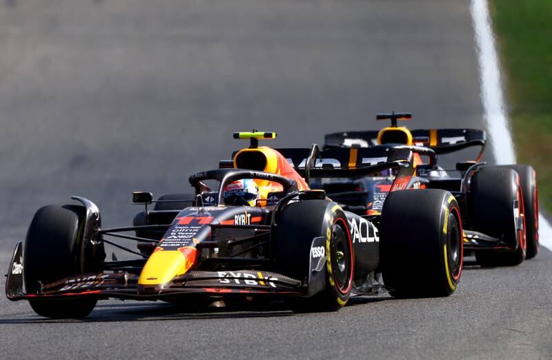 Sergio Perez of Red Bull Racing leads teammate Max Verstappen during the F1 Grand Prix of Belgium at Circuit de Spa-Francorchamps. Getty Images