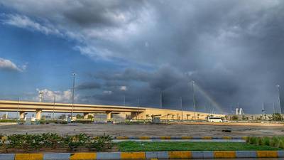 A rainbpw appears among the clouds in Abu Dhabi. Talib Jariwala / The National