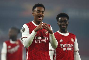 Arsenal's Joe Willock of Arsenal celebrates after he scores his team's fourth goal against Molde. Getty