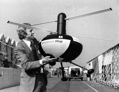 The Westland Wisp, a radio-controlled, unmanned miniature helicopter designed to take pictures in dangerous and difficult to reach places, on display at Farnborough Airshow in 1976.