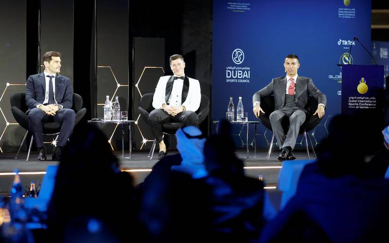 Left to right: Former Real Madrid goalkeeper Iker Casillas, Robert Lewandowski of Bayern Munich, and Juventus' Cristiano Ronaldo. EPA