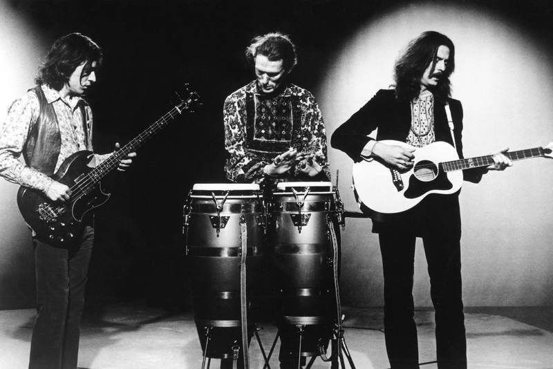 1968: British Rock Group "Cream" poses for a portrait with their instruments in 1968. L-R: Jack Bruce, Ginger Baker, Eric Clapton. (Photo by Michael Ochs Archives/Getty Images)