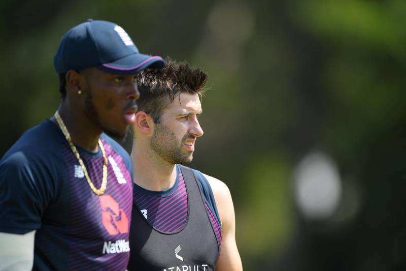 PORT ELIZABETH, SOUTH AFRICA - JANUARY 13: England bowlers Mark Wood (r) and Jofra Archer look on during England nets at St George's Park on January 13, 2020 in Port Elizabeth, South Africa. (Photo by Stu Forster/Getty Images)
