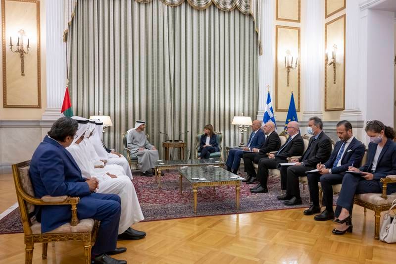 President Sheikh Mohamed meets Greek President Katerina Sakellaropoulou at the Presidential Mansion.