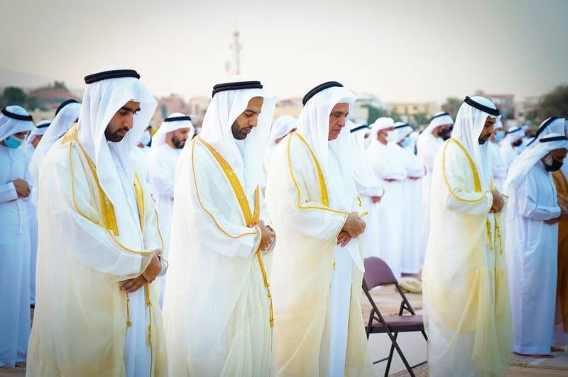 Sheikh Saud bin Saqr and Sheikh Mohammed bin Saud, during the prayers. Wam