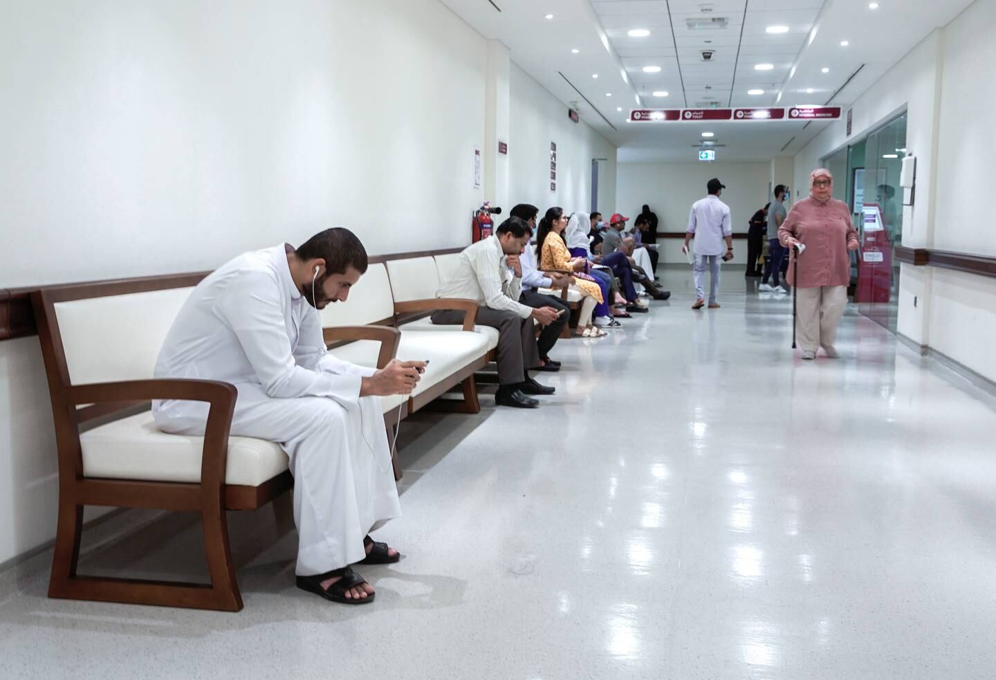 Abu Dhabi, United Arab Emirates, March 18, 2020.     Hospital visitors practice the new norm of social distancing at the Burjeel Hospital, Abu Dhabi.Victor Besa / The NationalReporter:  Ramola TalwarSection:  NA