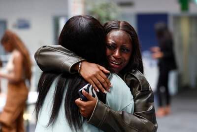 An emotional moment as Danielle Owusu Ansah celebrates her A-level results at City of London College. Getty Images