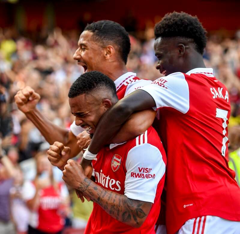 Arsenal's Gabriel Jesus celebrates after scoring the second goal in the 4-2 Premier League victory against Leicester City on August 13, 2022.  EPA