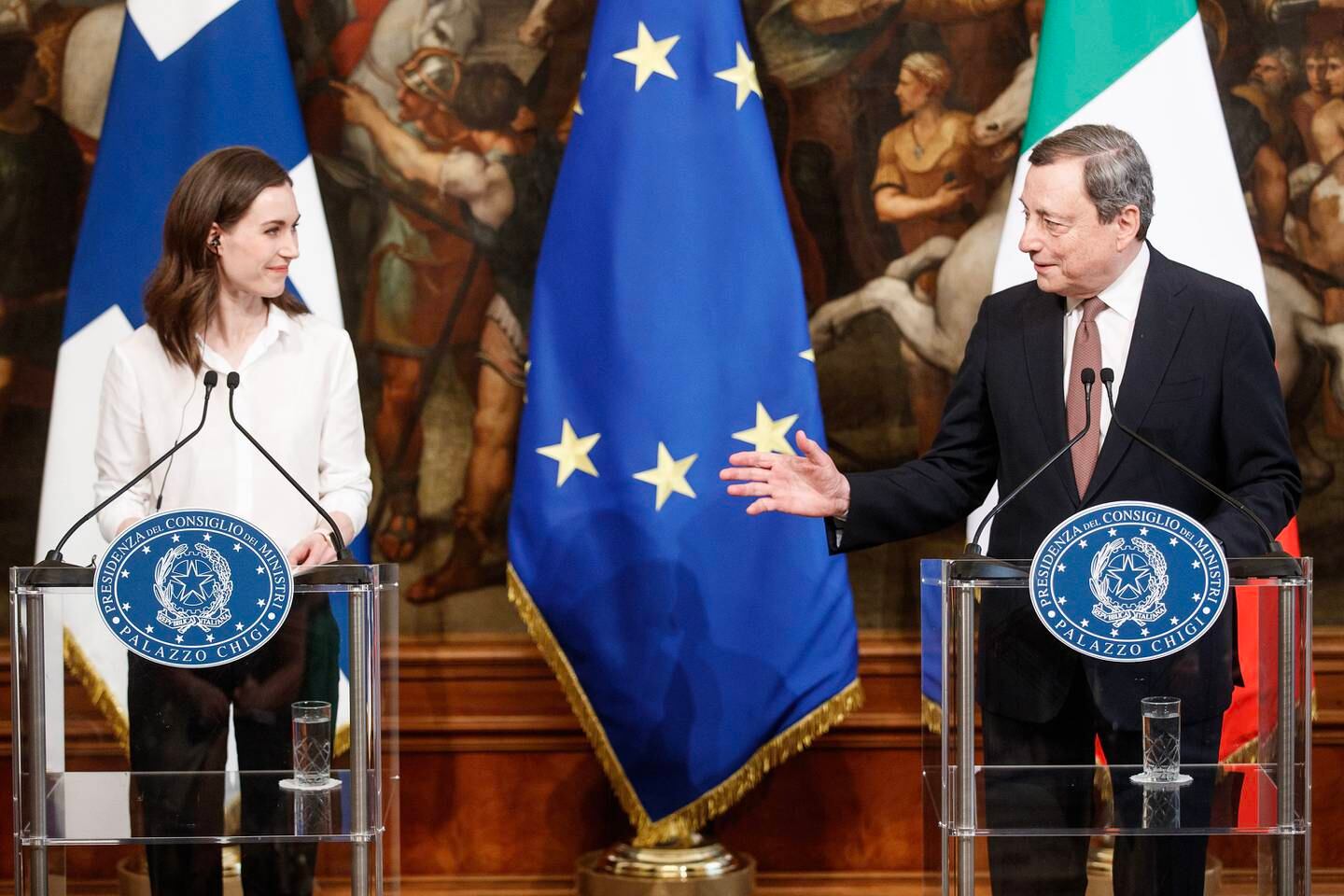 Finnish Prime Minister Sanna Marin and Italian Prime Minister Mario Draghi attend a joint press conference following their meeting in Rome. EPA