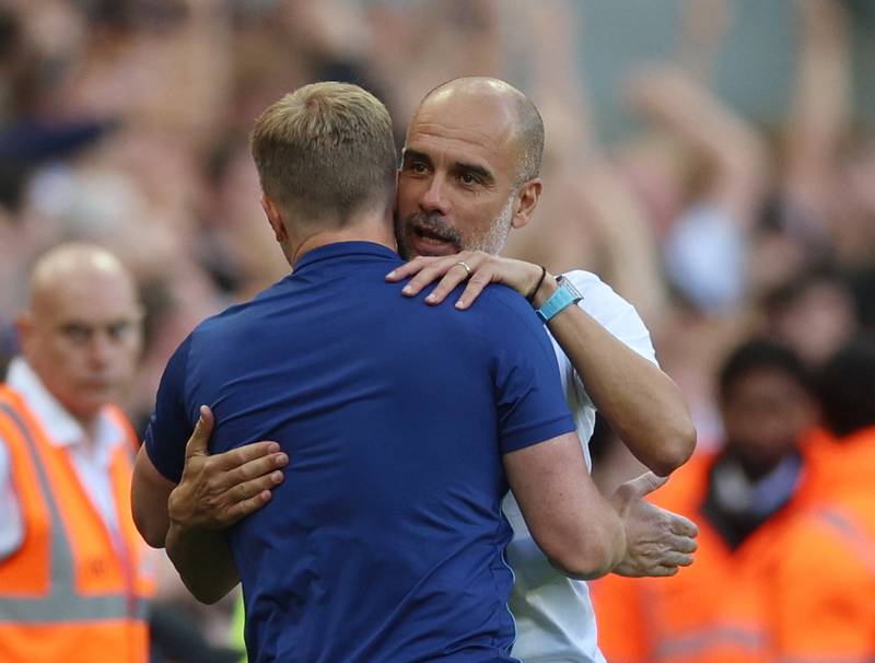 Newcastle manager Eddie Howe and Manchester City manager Pep Guardiola after the match. Action Images