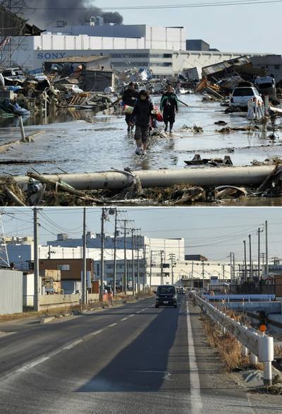 Top, a flooded street in an area of Tagajo, Miyagi Prefecture, hit by the tsunami in 2011; below, the same area about 10 years later. AFP