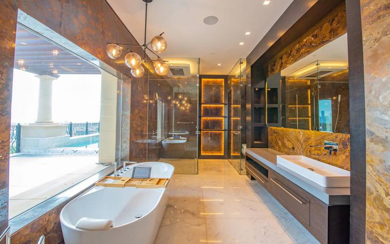 Each bathroom has a different marble effect.