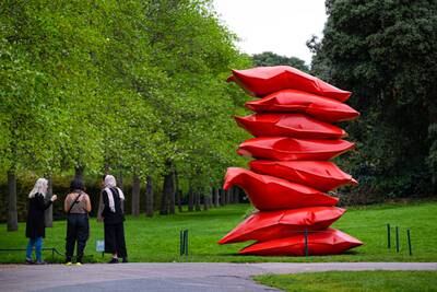 Emirati artist Shaikha Al Mazrou's Red Stack, as part of Frieze Sculpture in Regent's Park, London. Photo: Lawrie Shabibi