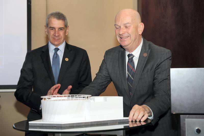 DUBAI , UNITED ARAB EMIRATES , November 28  – 2018 :- Left to Right - Philip Frayne , US Consul General , Dubai and Frederick Bush , Pavilion USA 2020 Chairman unveiling the model of Expo 2020 US Pavilion during the memorandum of understanding held at Arjaan by Rotana hotel in Dubai. ( Pawan Singh / The National ) For News. Story by Nick Webster