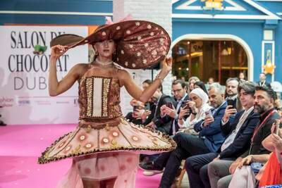 A Marie Antoinette-inspired dress made of chocolate at the Salon du Chocolat exhibition in Dubai. Photo: Antonie Robertson / The National