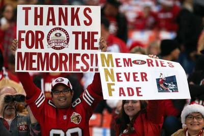 Fans commemorate San Francisco's Candlestick Park with signs on Monday night. Kelley L Cox / USA Today Sports