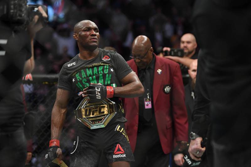 Kamaru Usman after defeating Colby Covington in Las Vegas.  USA Today