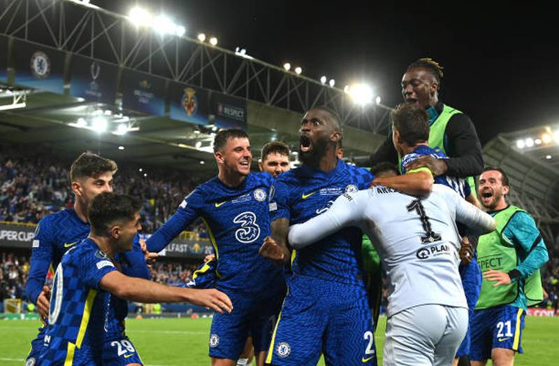 Kepa Arrizabalaga of Chelsea celebrates with teammates after making the match-winning save during the penalty shoot-out in the Uefa Super Cup 2021 match against Villarreal.