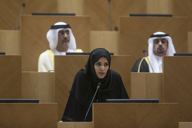 <p>Naama Al Sharhan&nbsp;of RAK speaking at a previous meeting of the FNC. Mona Al Marzooqi / The National</p>
