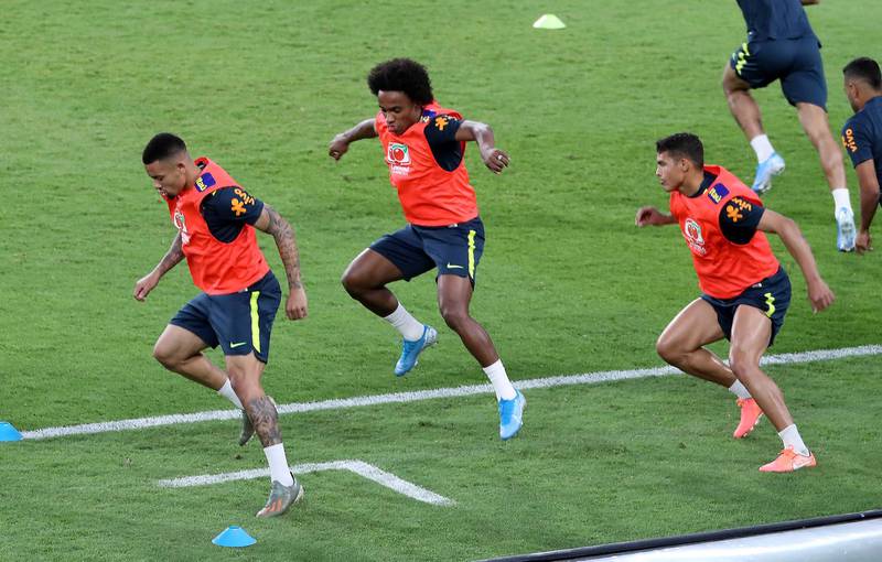 ABU DHABI, UNITED ARAB EMIRATES , Nov 12  – 2019 :- Willian (Center) with his team members during the training session of Brazil football team at the Al Nahyan stadium in Abu Dhabi. ( Pawan Singh / The National )  For Sports. Story by Amith