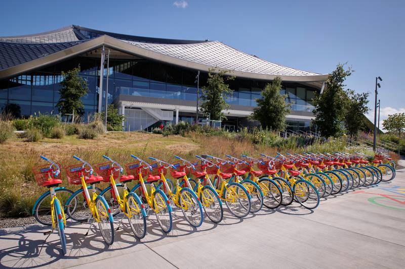 An exterior view of building BV200 and Google shared bicycles during a tour of Google's new Bay View Campus. Reuters
