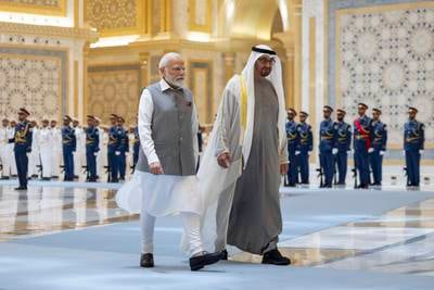 President Sheikh Mohamed and Narendra Modi, Prime Minister of India, at Qasr Al Watan. Ryan Carter / UAE Presidential Court 