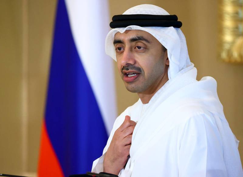 In this photo released by Russian Foreign Ministry Press Service, UAE's Foreign Affairs Minister Sheikh Abdullah bin Zayed bin Sultan Al Nahyan gestures during a joint news conference with Russian Foreign Minister Sergey Lavrov in Abu Dhabi, United Arab Emirates, Tuesday, March 9, 2021. (Russian Foreign Ministry Press Service via AP)