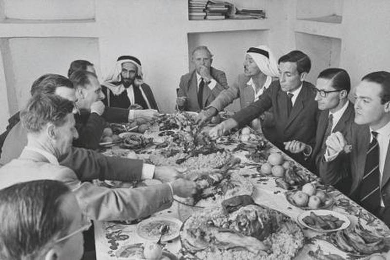 Members of London Chamber of Commerce entertained by Sheik Shakhbut (6L), Ruler of oil-rich kingdom during lunch.  (Photo by Ralph Crane//Time Life Pictures/Getty Images)