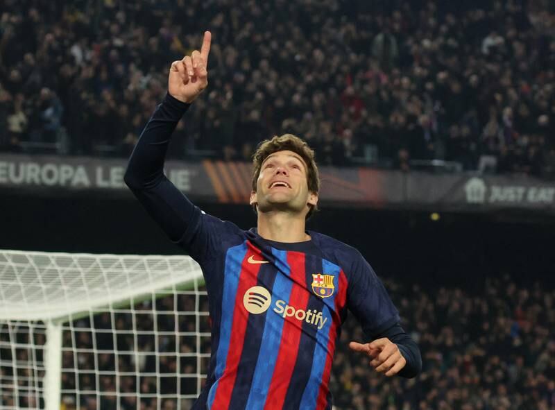 Marcos Alonso celebrates scoring for Barca. Reuters
